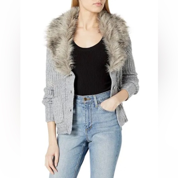 Jessica Simpson Gray Cardigan with Faux Fur Collar - Picture 2 of 5